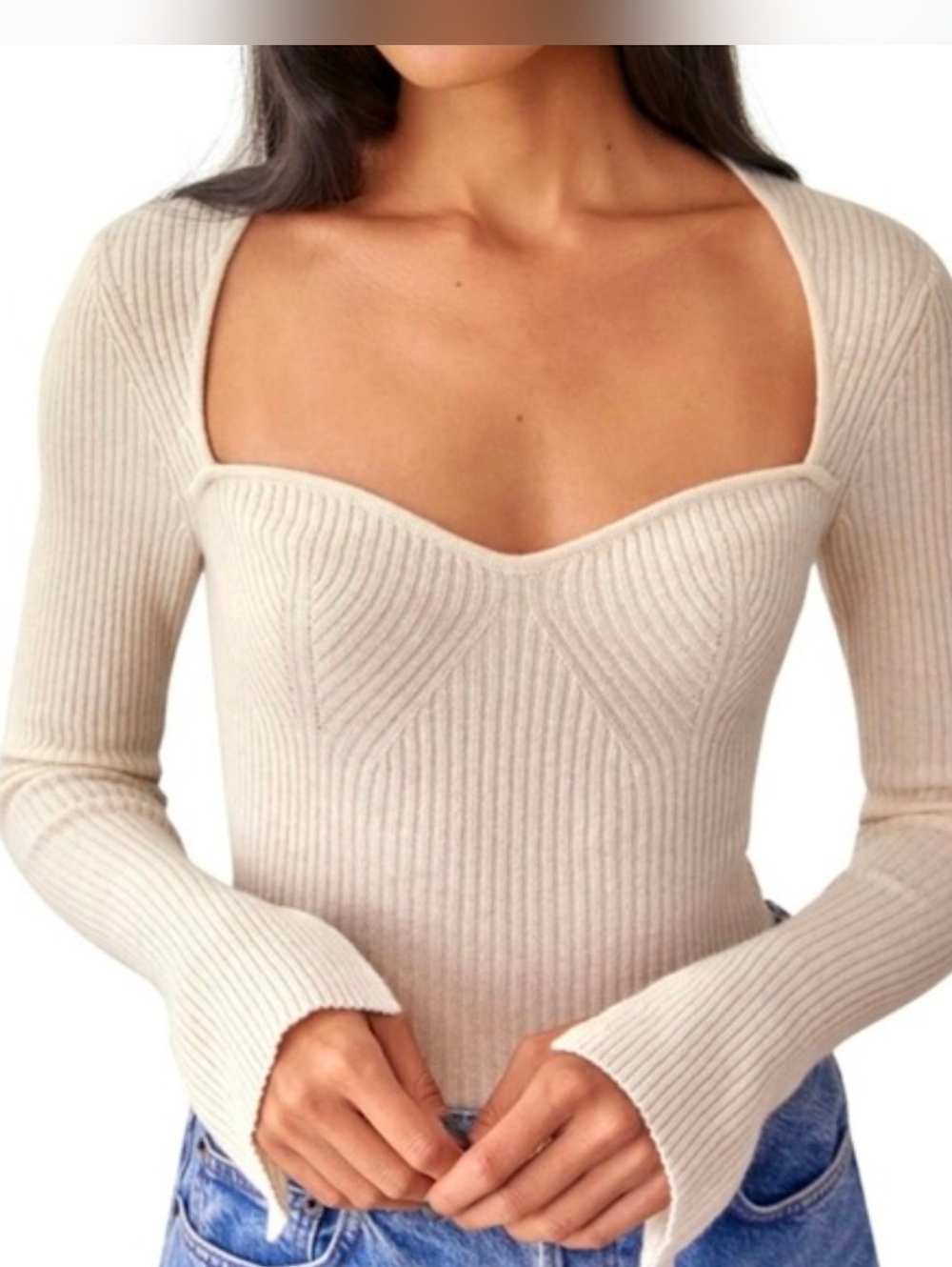 REFORMATION Glenna Cashmere Sweater Ribbed Ivory Sweetheart Neck Cropped Sz Med